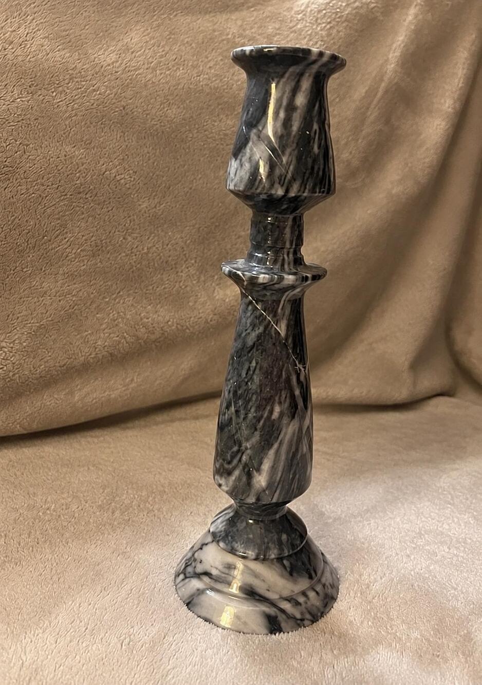 Vintage Gray White Marble Candlestick Holder 10.75” Tall Natural Marble Decor